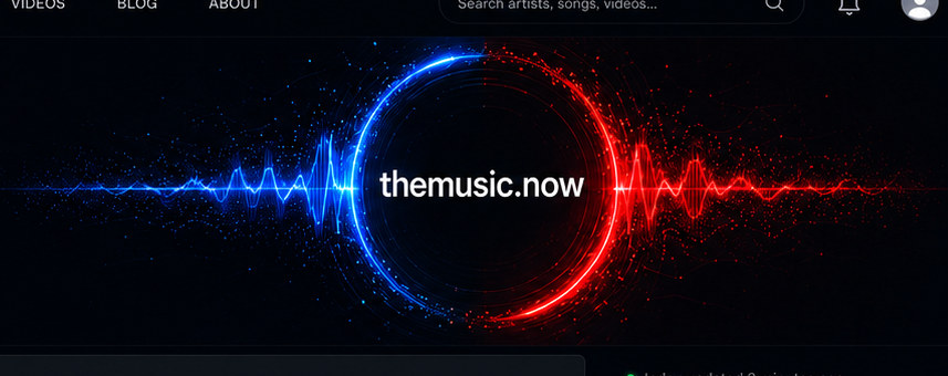 The themusic.now mark: a circular audio ring, blue on one side and red on the other, crossed by a waveform.